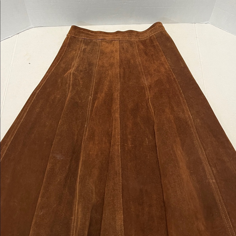 LEATHER VINTAGE 70’s BROWN A LINE MIDI SKIRT WITH TALON SIPPER SIZE SMALL - Picture 2 of 14